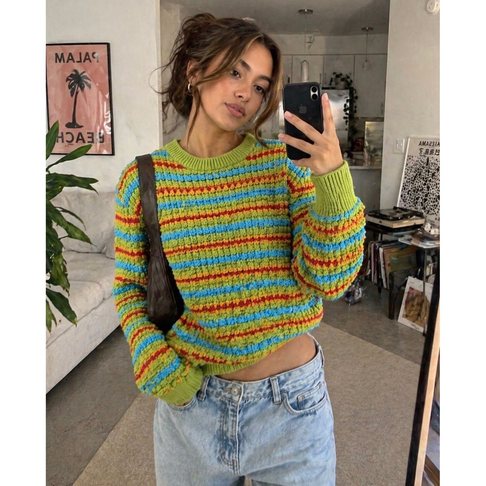 PacSun Rainbow Striped Crewneck Sweater in Lime, Blue, Red, Yellow